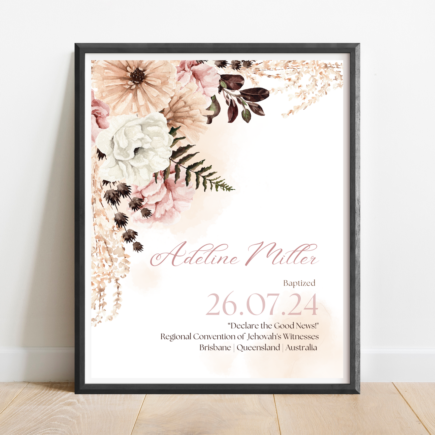 JW Baptism Gift | Baptism Keepsake | Pink Boho | Customizable Print