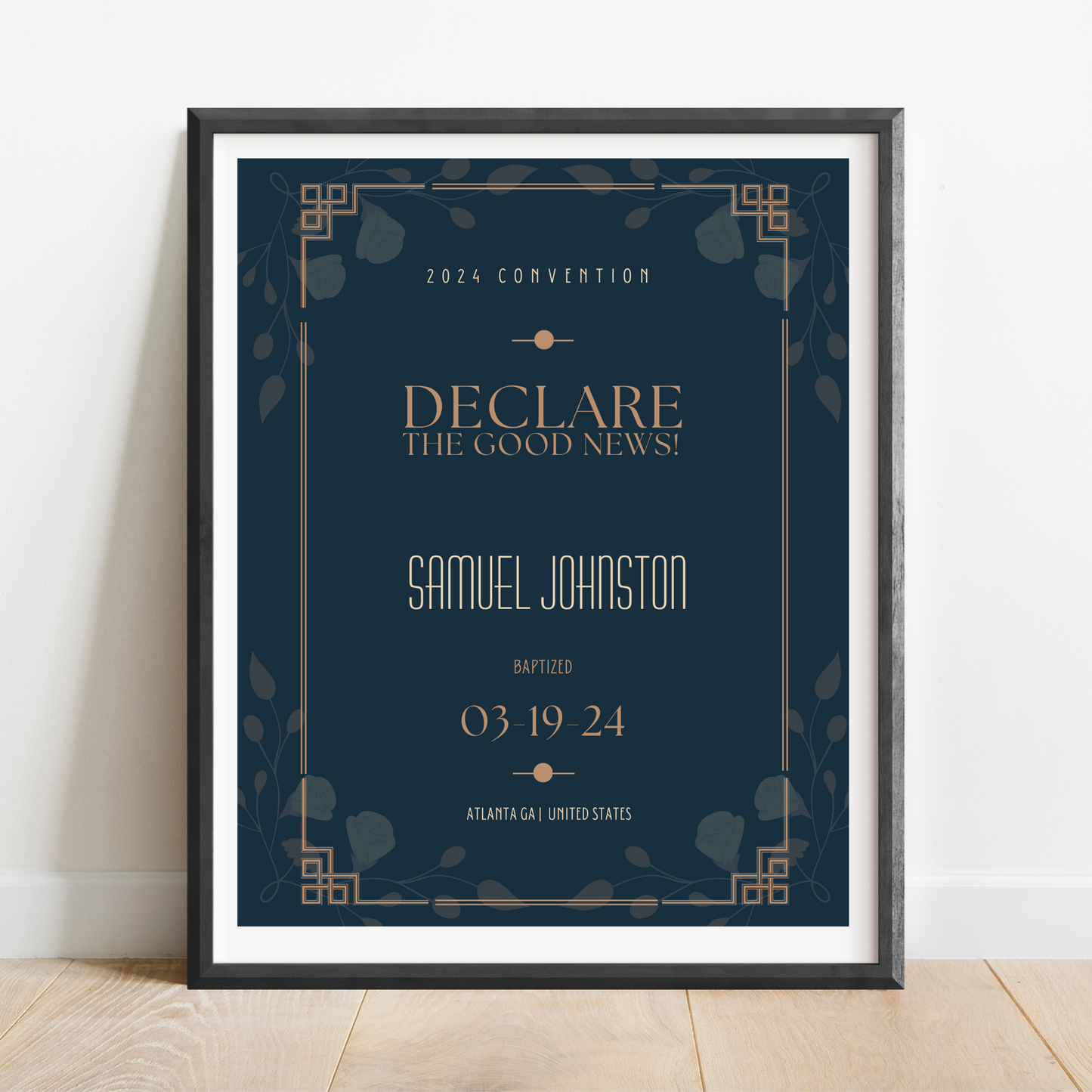 JW Baptism Gift | Baptism Keepsake, Navy - Art Deco Frame | Customised