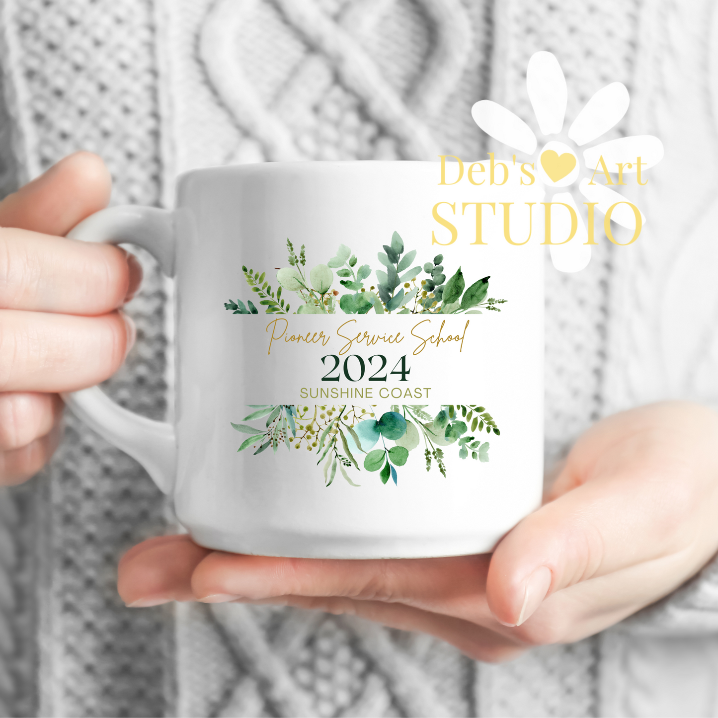 Pioneer School Mug Design - Editable | JW Pioneer Gifts | Green Leaves