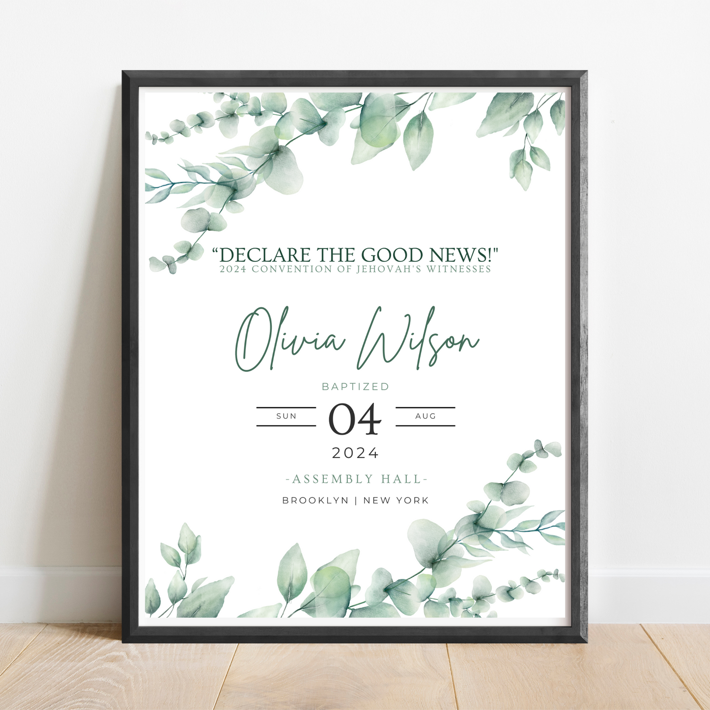 JW Baptism Gift | Baptism Keepsake | Eucalyptus Leaves | Customizable Print