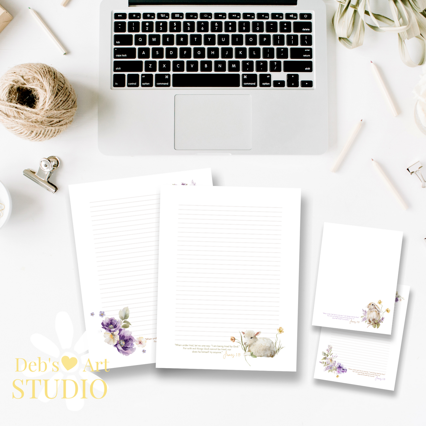 James 1:13, JW Letter Writing Paper | Lilac Blooms & Furry Friends