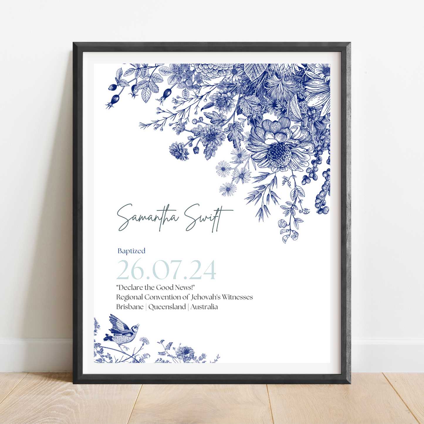 JW Baptism Gift | Baptism Keepsake, Blue & White Floral | Customisable