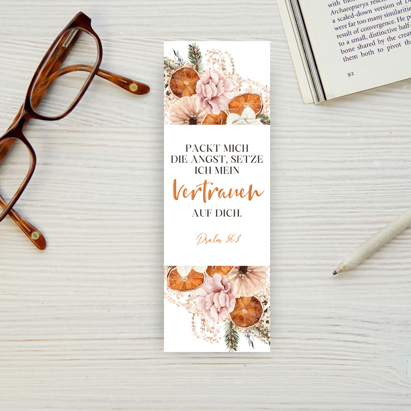 2024 JW Year Text - Psalm 56:3, bookmark | German | Pink Boho Flowers