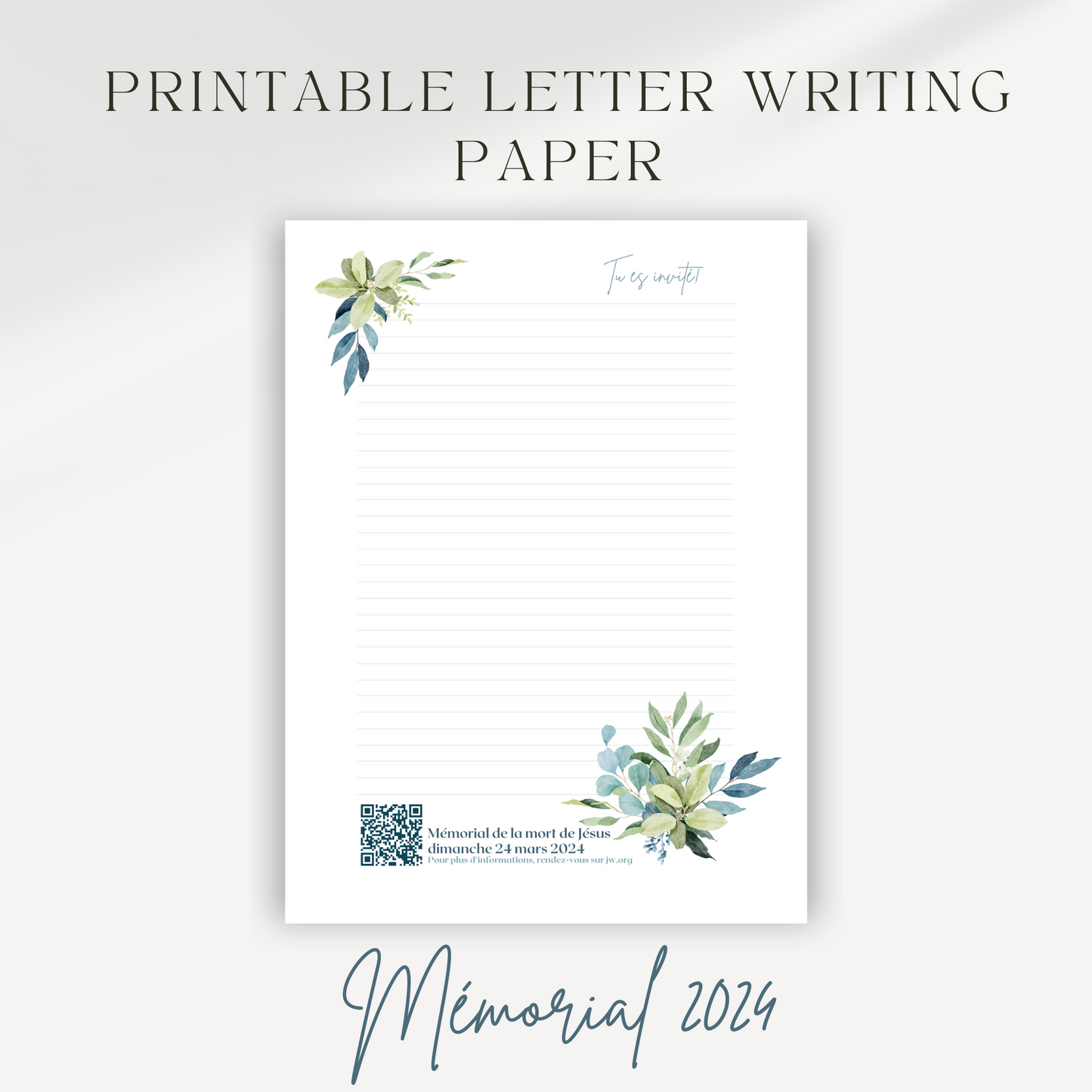 2024 Memorial Invitation, Letter | French | Luke 22:19 | Eucalyptus