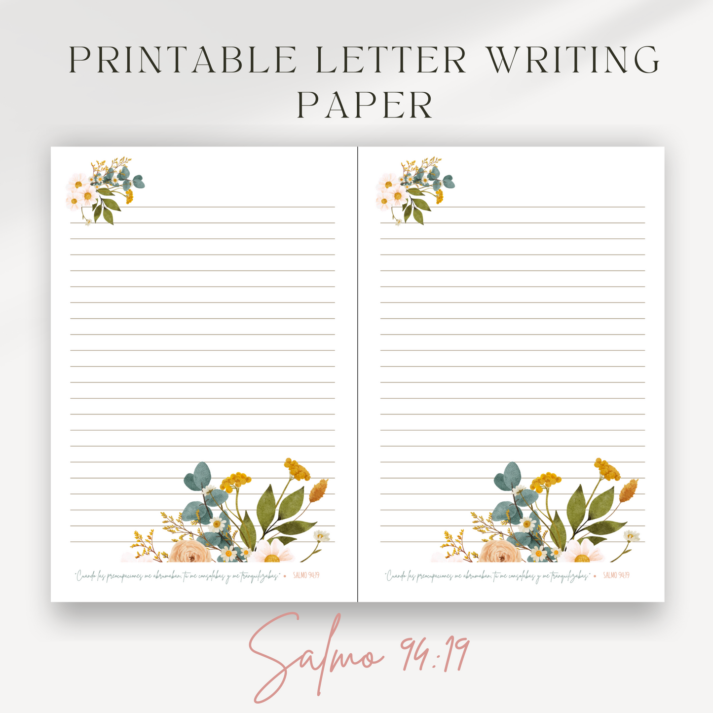 Psalm 94:19, JW Letter Writing Paper | Spanish | Blue Pink Flowers