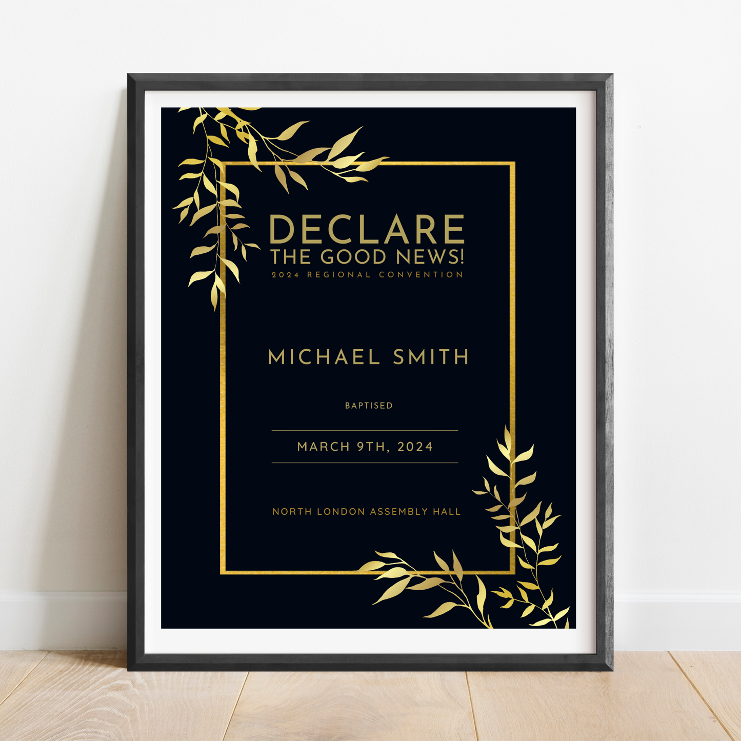 JW Baptism Gift | Baptism Keepsake, Black and Gold Frame | Customised