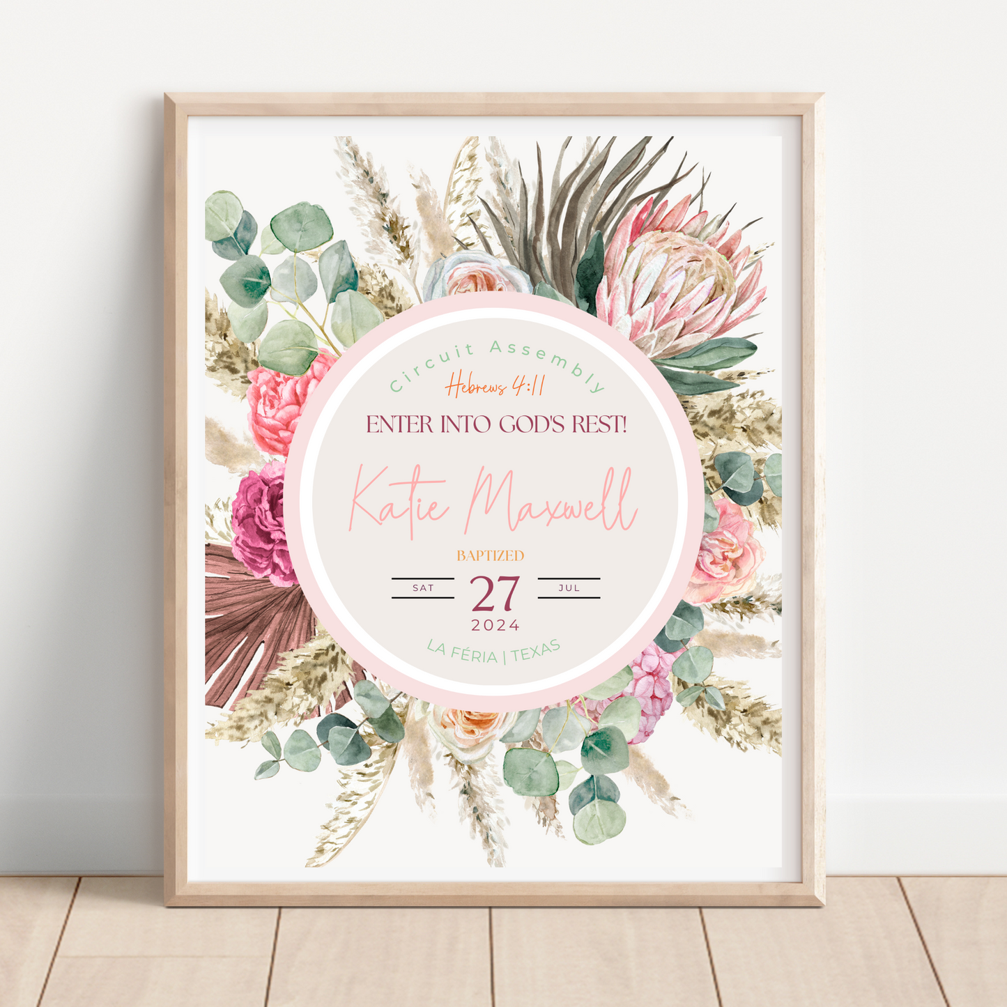 JW Baptism Gift | Baptism Keepsake, Pink Aust Native Flora | Customise