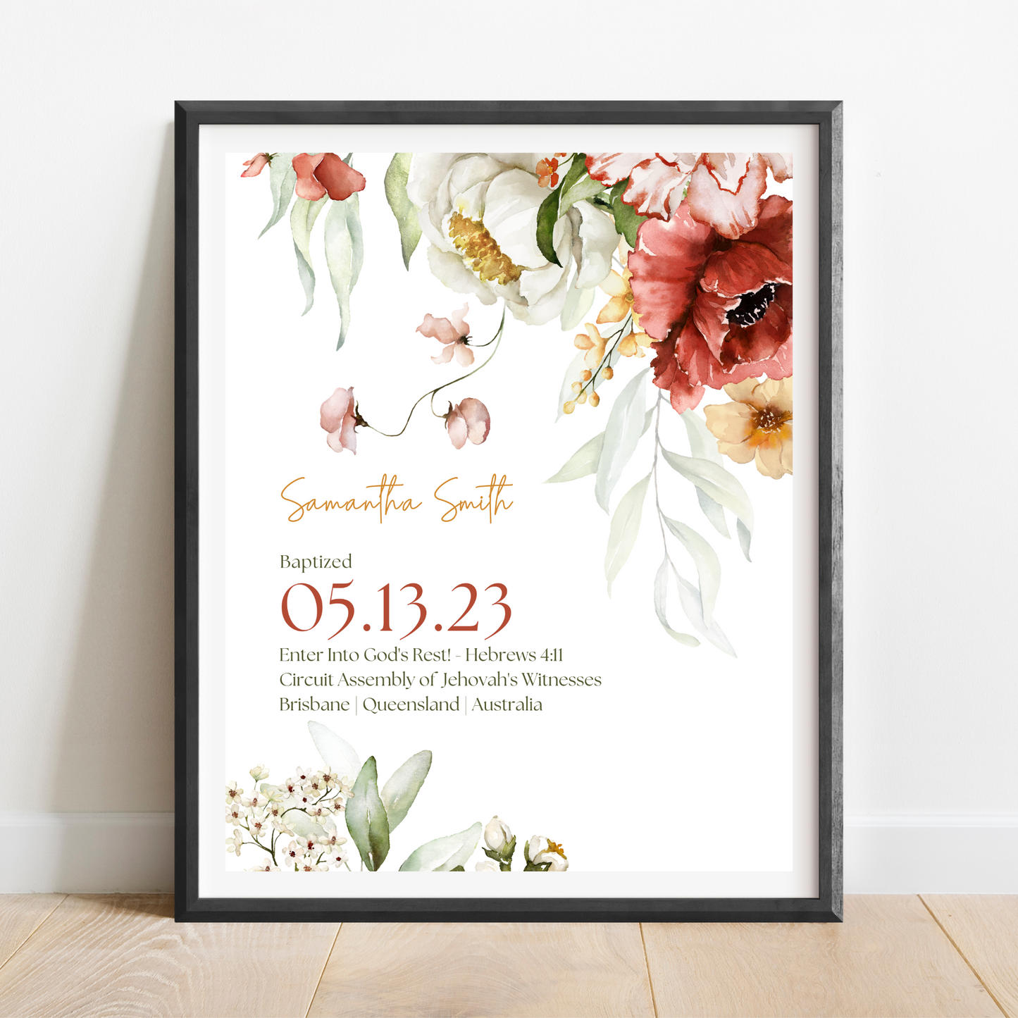 JW Baptism Gift | Baptism Keepsake | Cascading Floral | Customizable Print