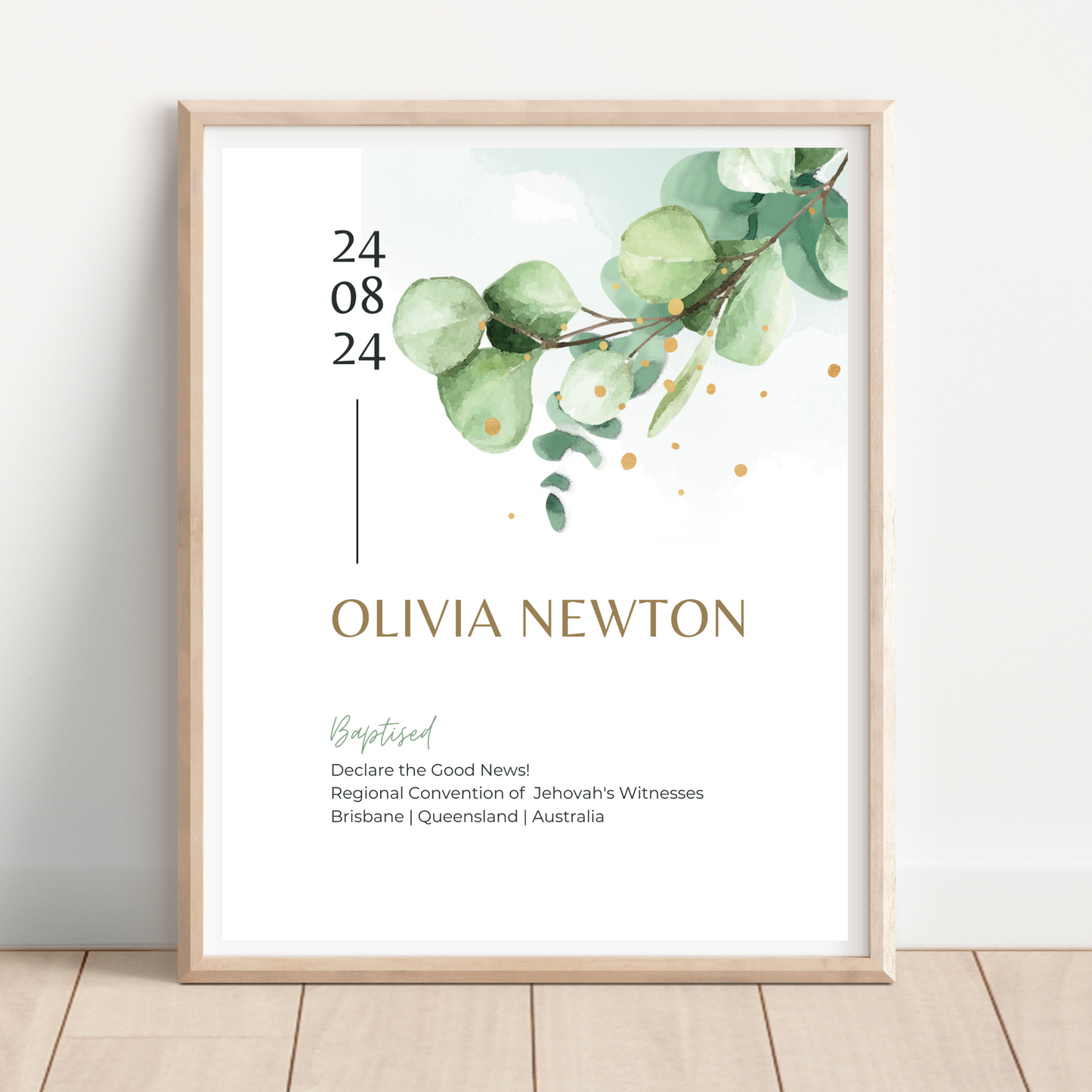 JW Baptism Gift | Baptism Keepsake, Eucalyptus & Gold Dots | Customise