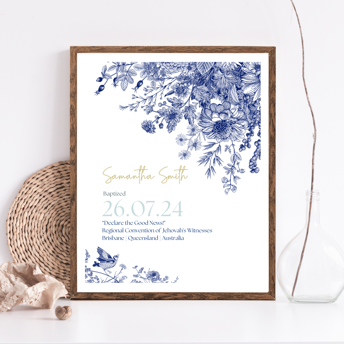 JW Baptism Gift | Baptism Keepsake, Blue & White Floral | Customisable