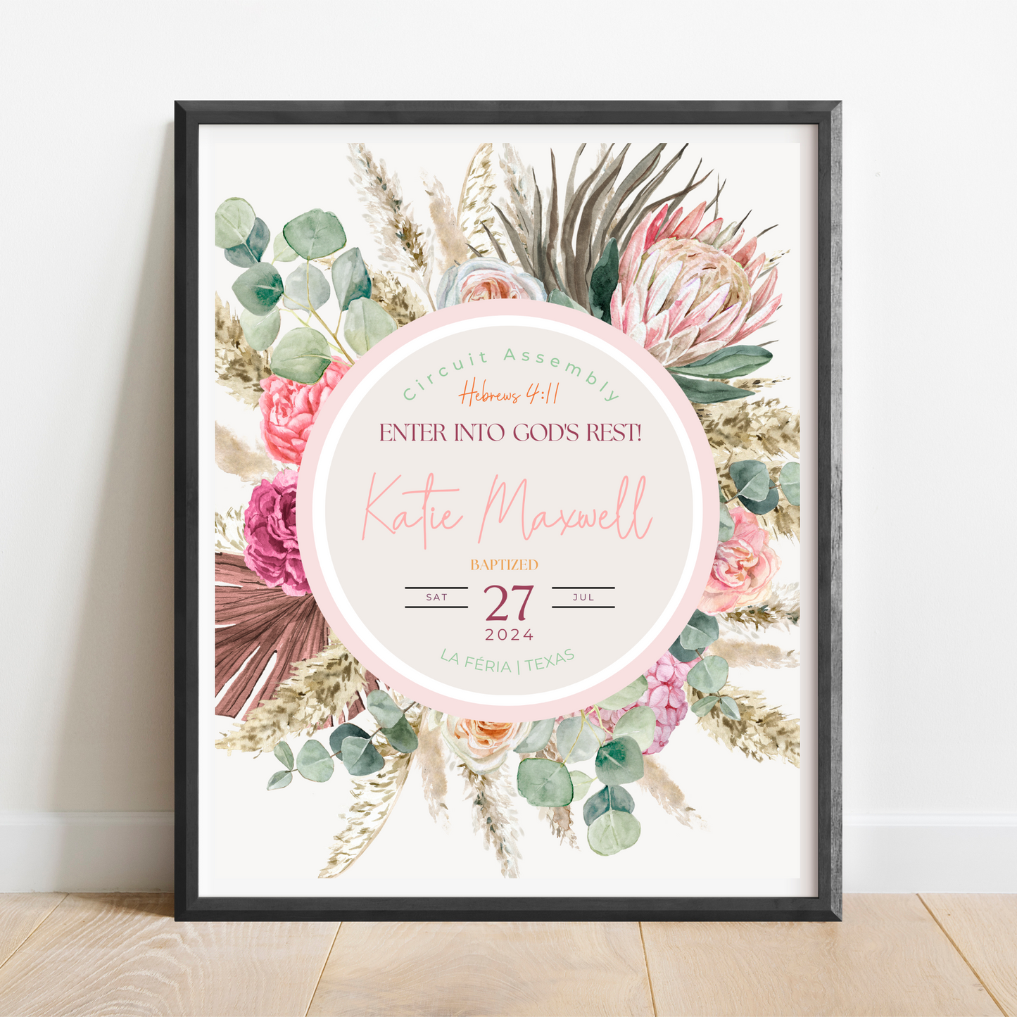 JW Baptism Gift | Baptism Keepsake, Pink Aust Native Flora | Customise