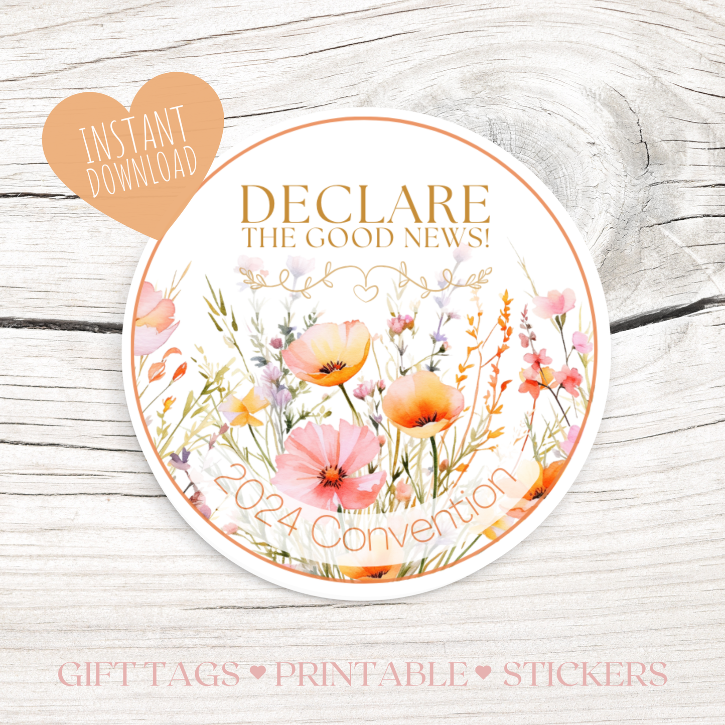 2024 Good News Convention | JW Gift Tag, Stickers | Peach Wildflowers