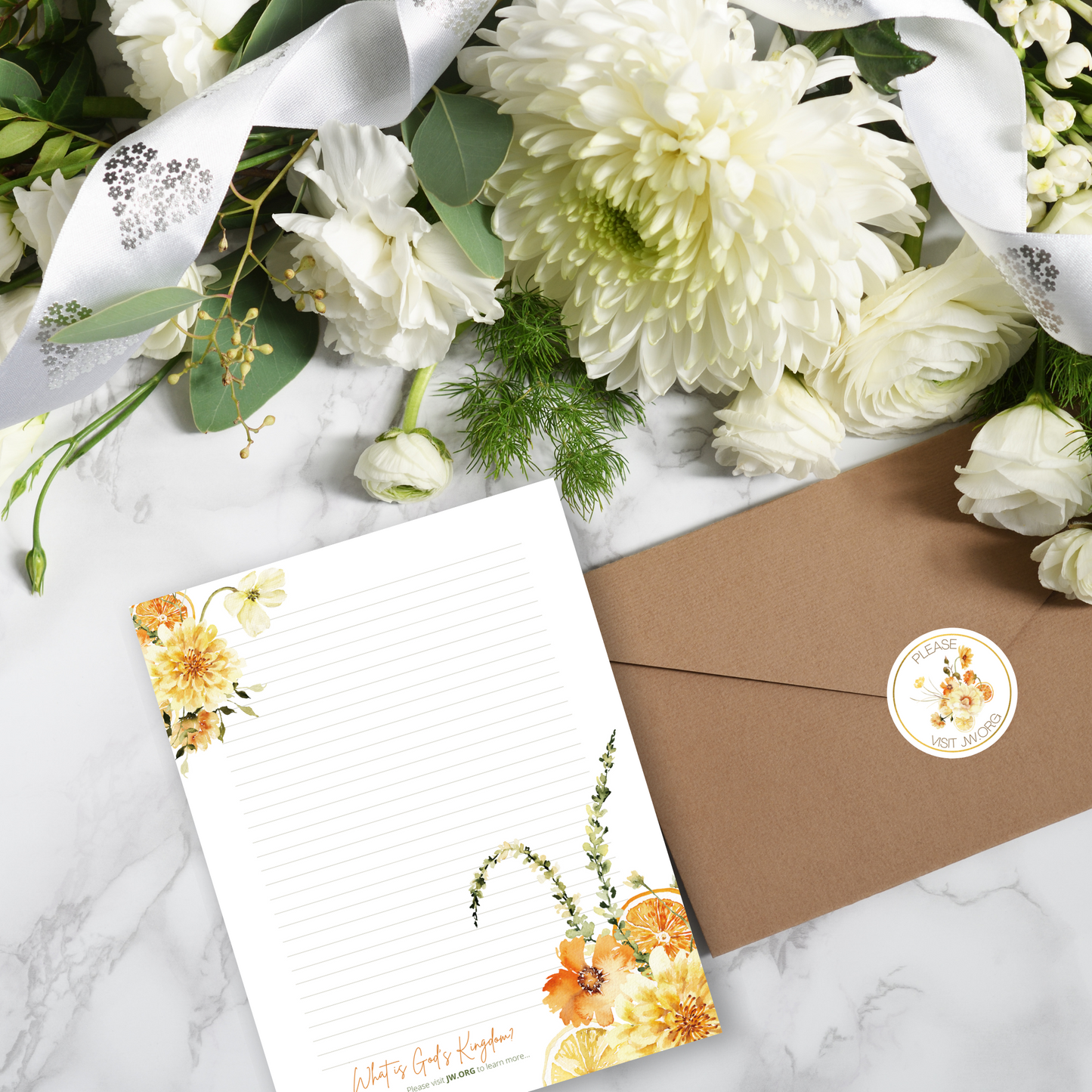 Please Visit jw.org | Envelope Stickers | Orange Boho Flowers