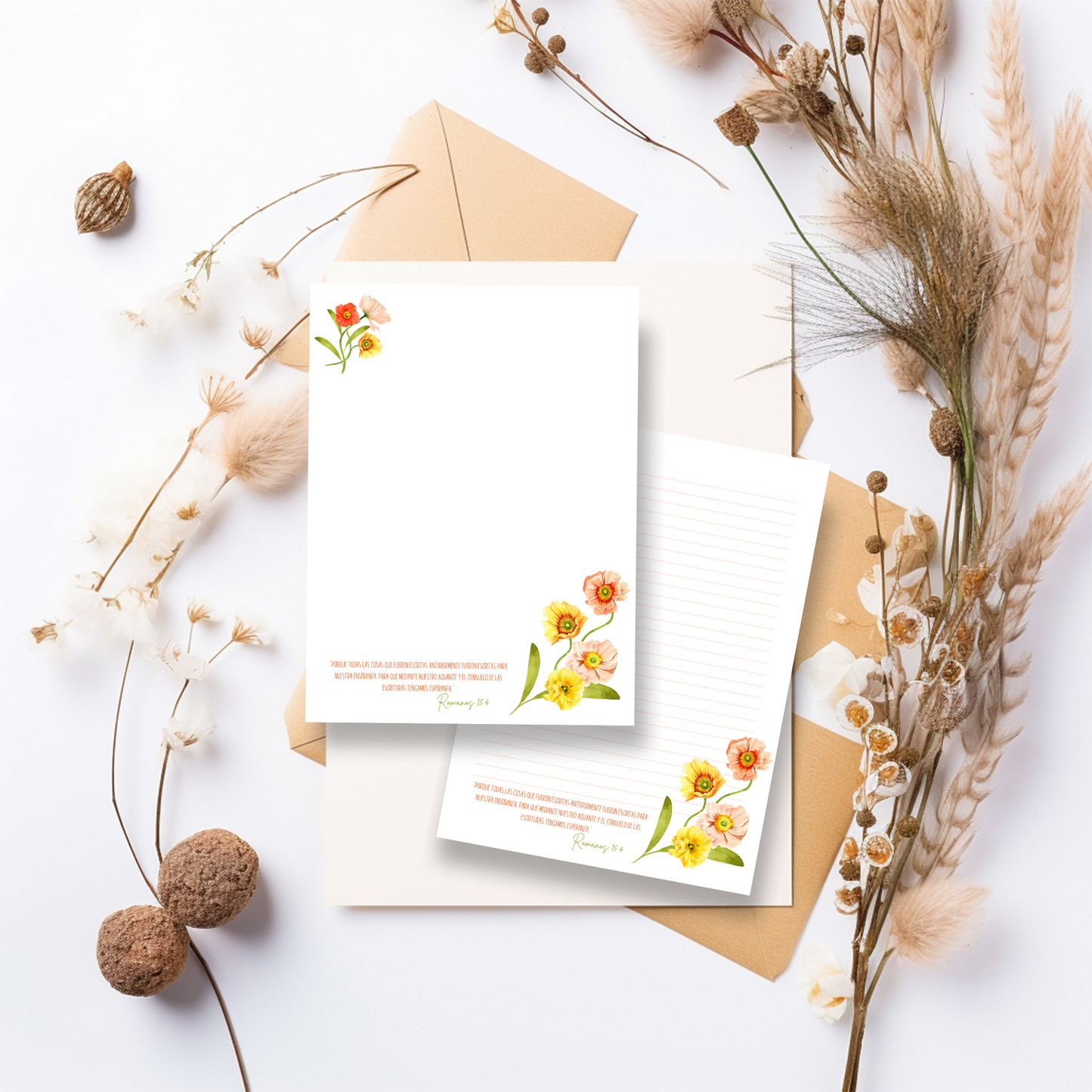 Romans 15:4, JW Letter Writing Paper | Spanish | Spring Boho Flowers