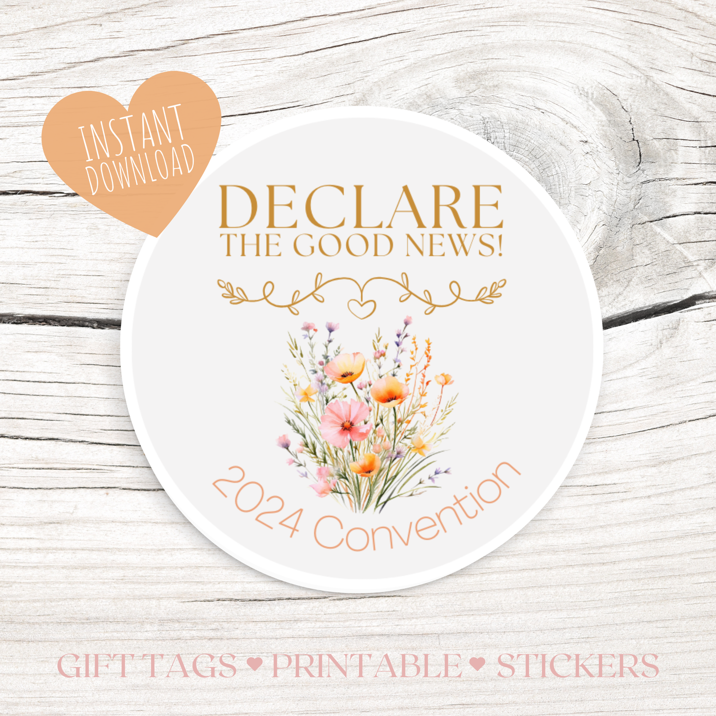 2024 Good News Convention | JW Gift Tag, Stickers | Peach Wildflowers