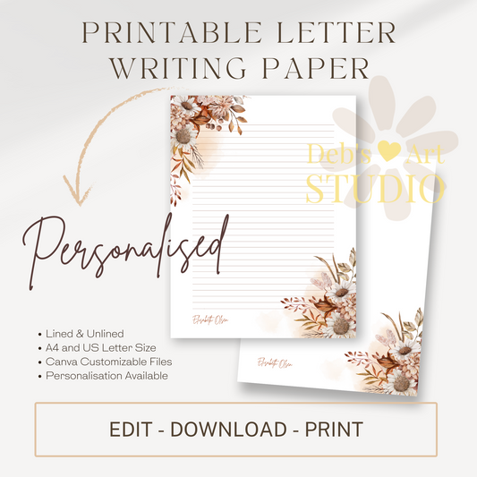 Personalised Stationery Editable Template, Autumn Flower Writing Paper