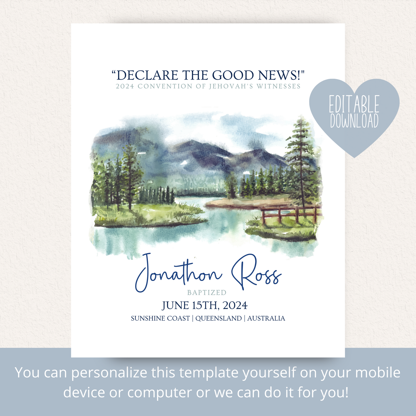 JW Baptism Gift | Baptism Keepsake | Mountain and Lake | Customisable