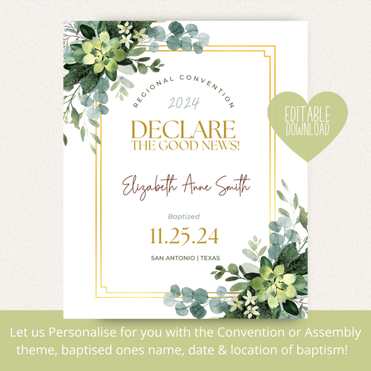 JW Baptism Gift | Baptism Keepsake | Green Leaves | Customizable Print