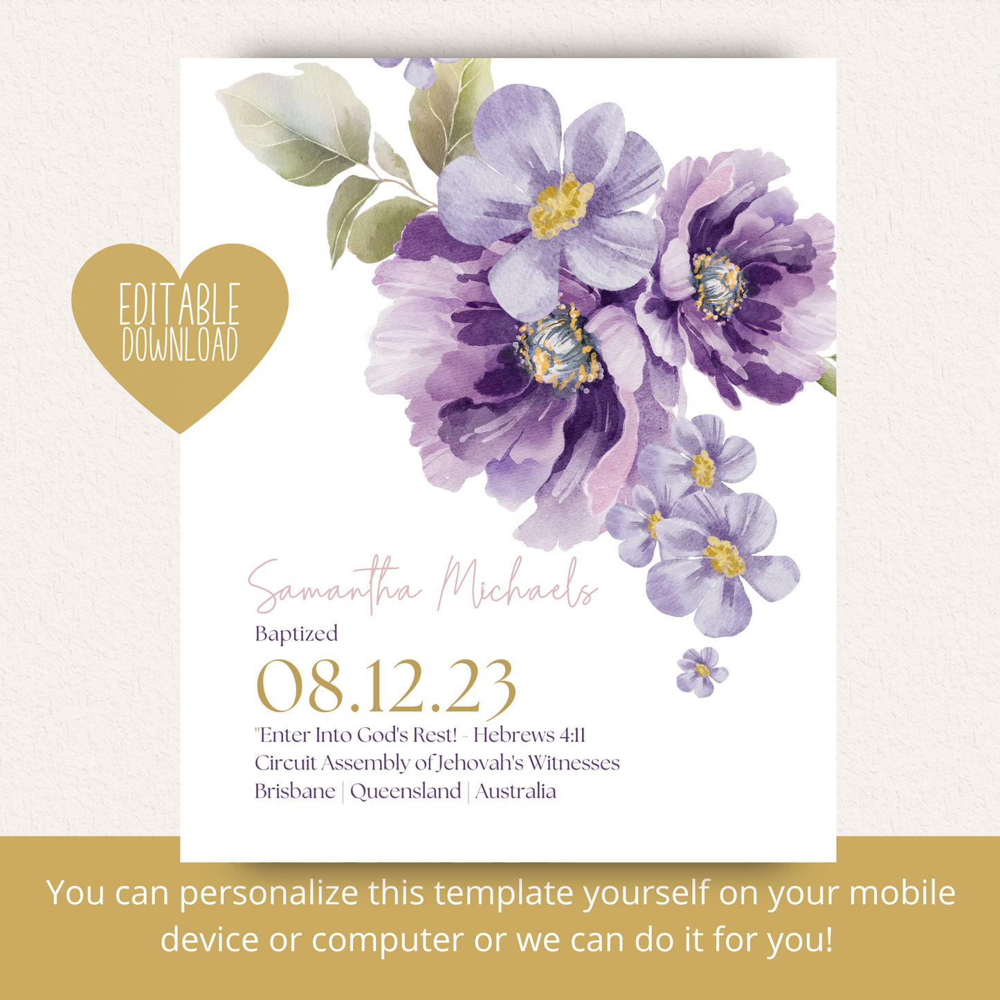 JW Baptism Gift | Baptism Keepsake | Lilac Blooms | Customizable Print