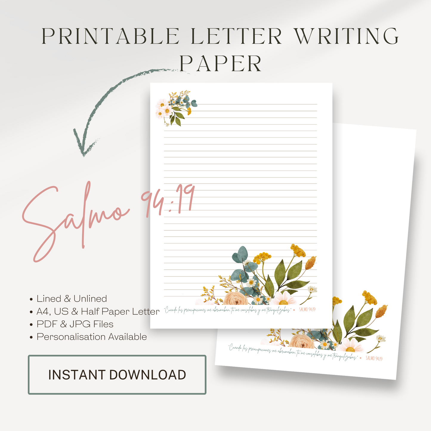 Psalm 94:19, JW Letter Writing Paper | Spanish | Blue Pink Flowers