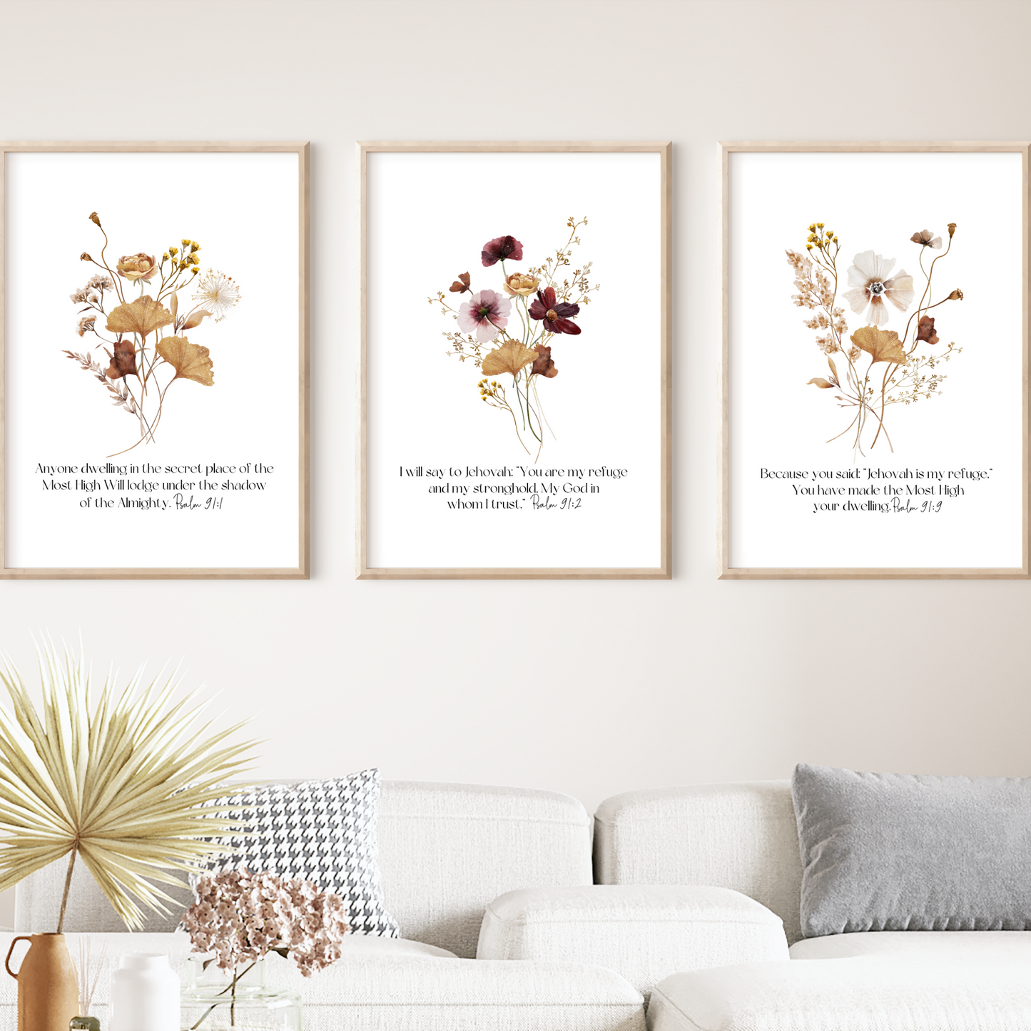 Psalm 91 Bible Verse Wall Art | Botanical Wall Art | Set of 3 Prints