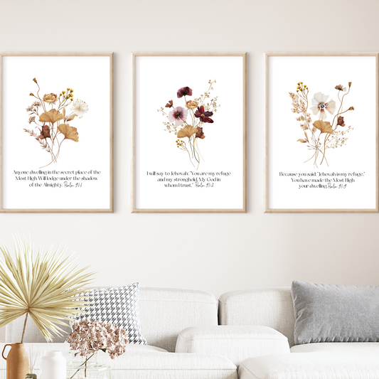 Psalm 91 Bible Verse Wall Art | Botanical Wall Art | Set of 3 Prints