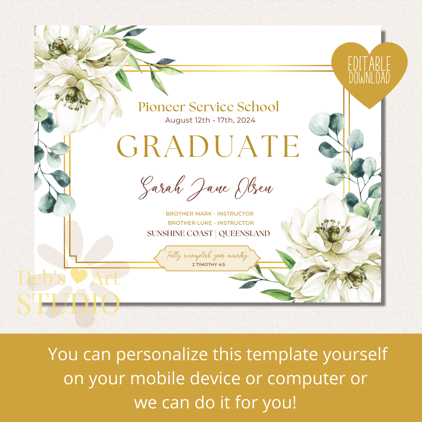 Custom Pioneer School Certificate | White Bouquet | JW Pioneer Gifts