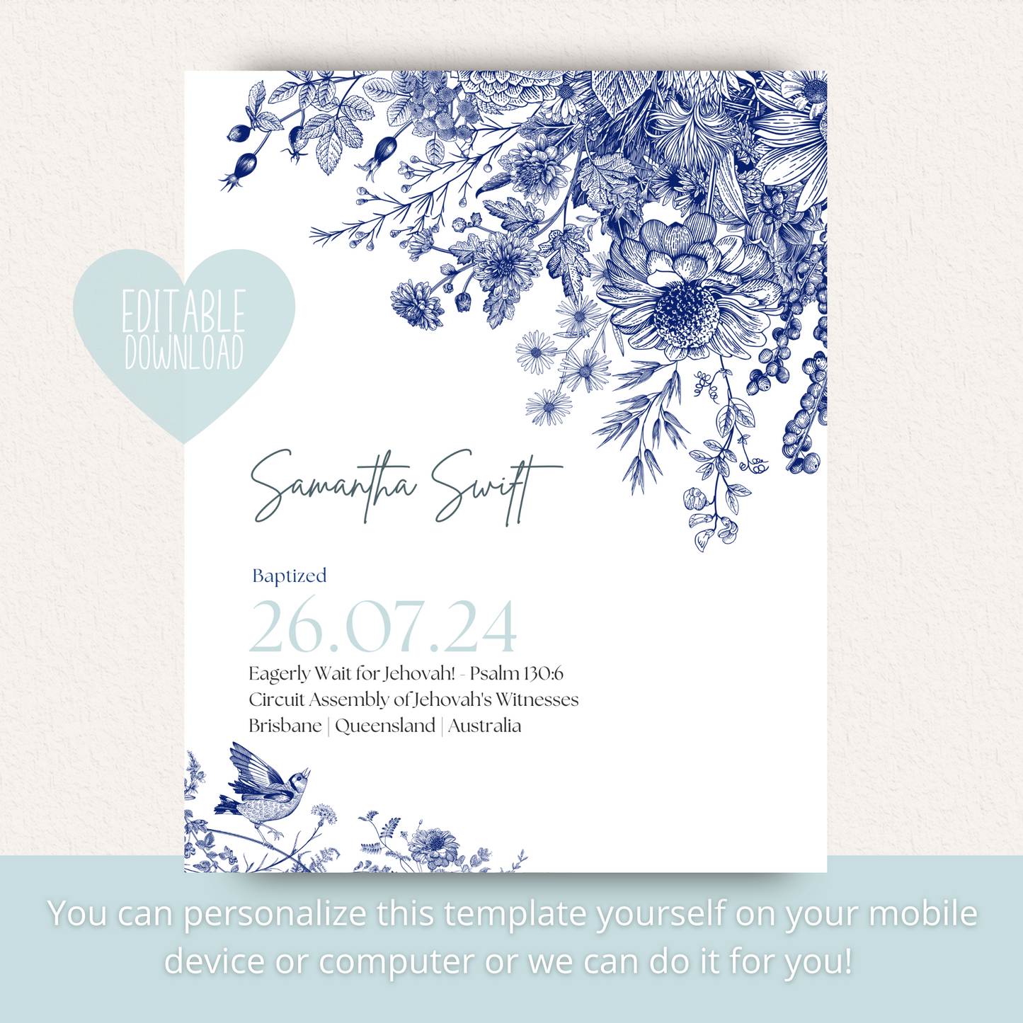 JW Baptism Gift | Baptism Keepsake, Blue & White Floral | Customisable