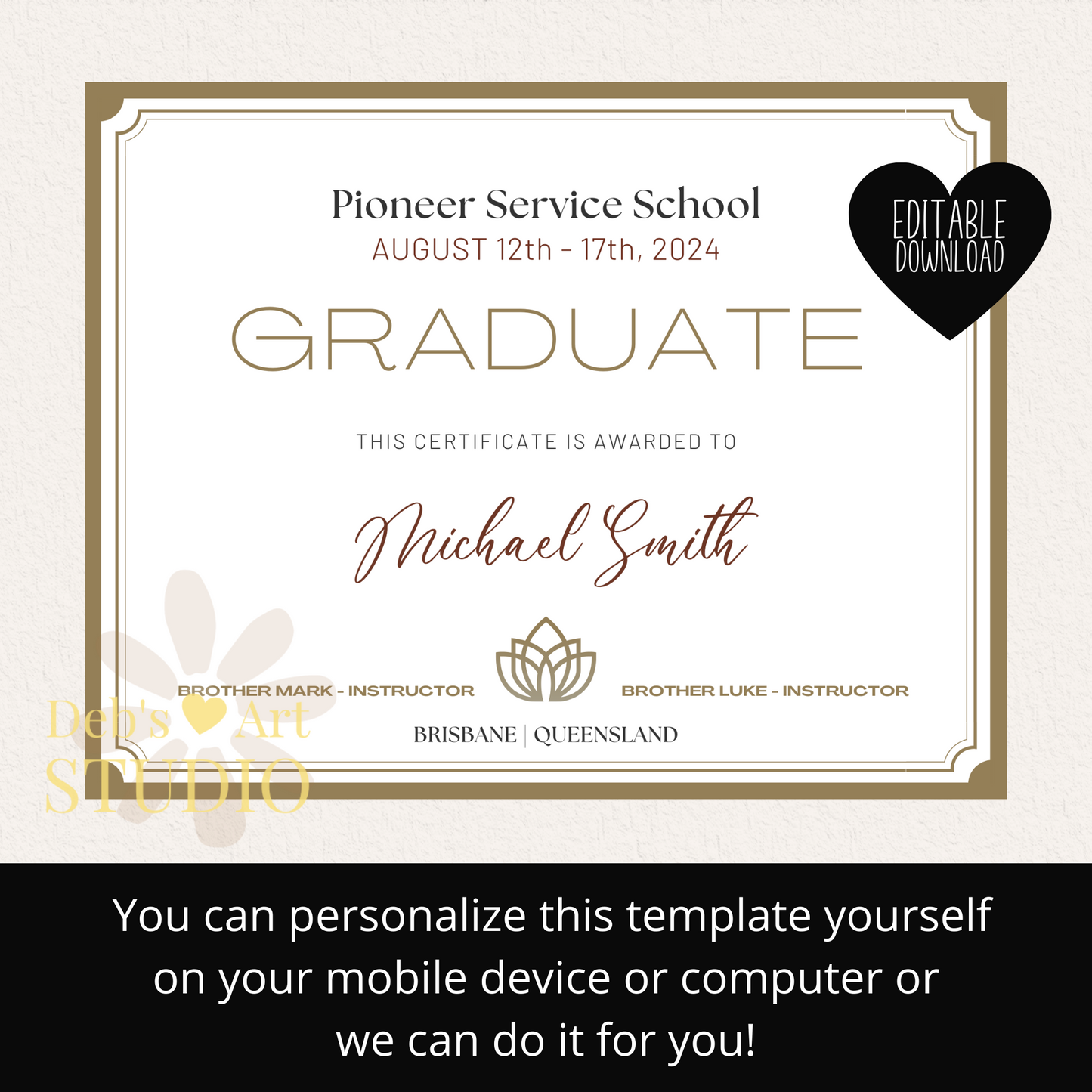 Custom Pioneer School Certificate | Gold Border | JW Pioneer Gifts