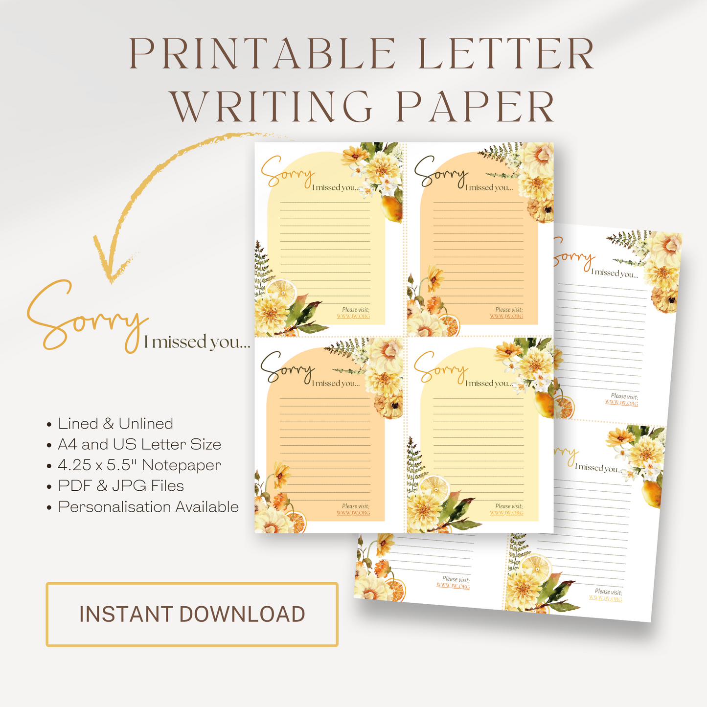 Sorry I missed You, JW Letter Writing Paper | Yellow Fall Flowers