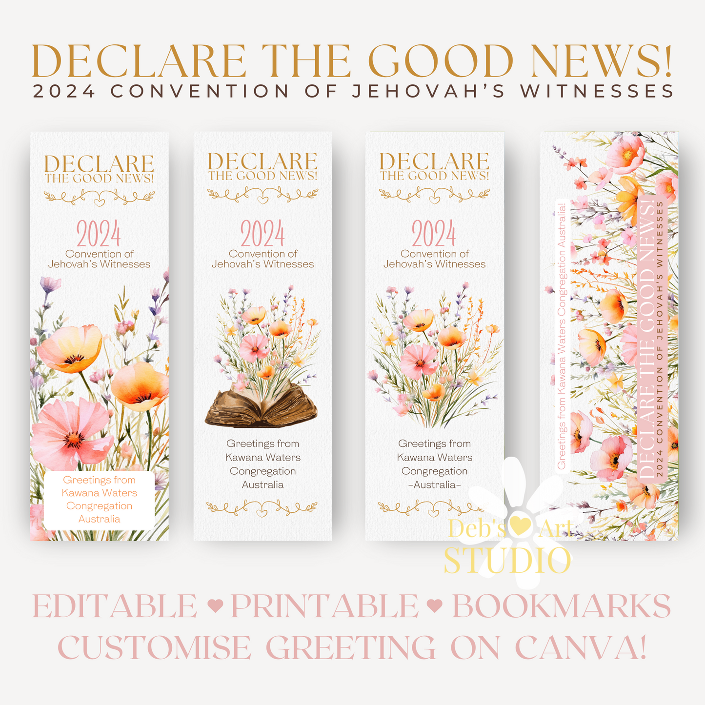 2024 Good News Convention | Editable Bookmark | JW Gift | Peach Flower