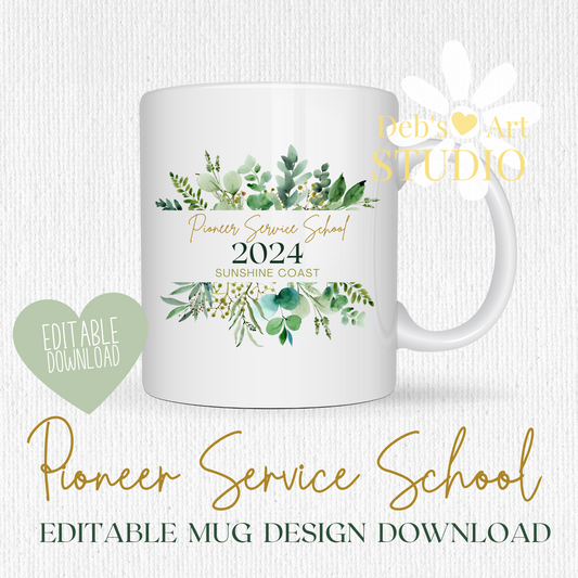Pioneer School Mug Design - Editable | JW Pioneer Gifts | Green Leaves