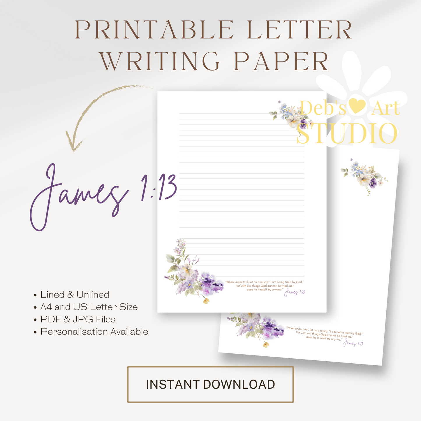 James 1:13, JW Letter Writing Paper | Lilac Blooms & Furry Friends