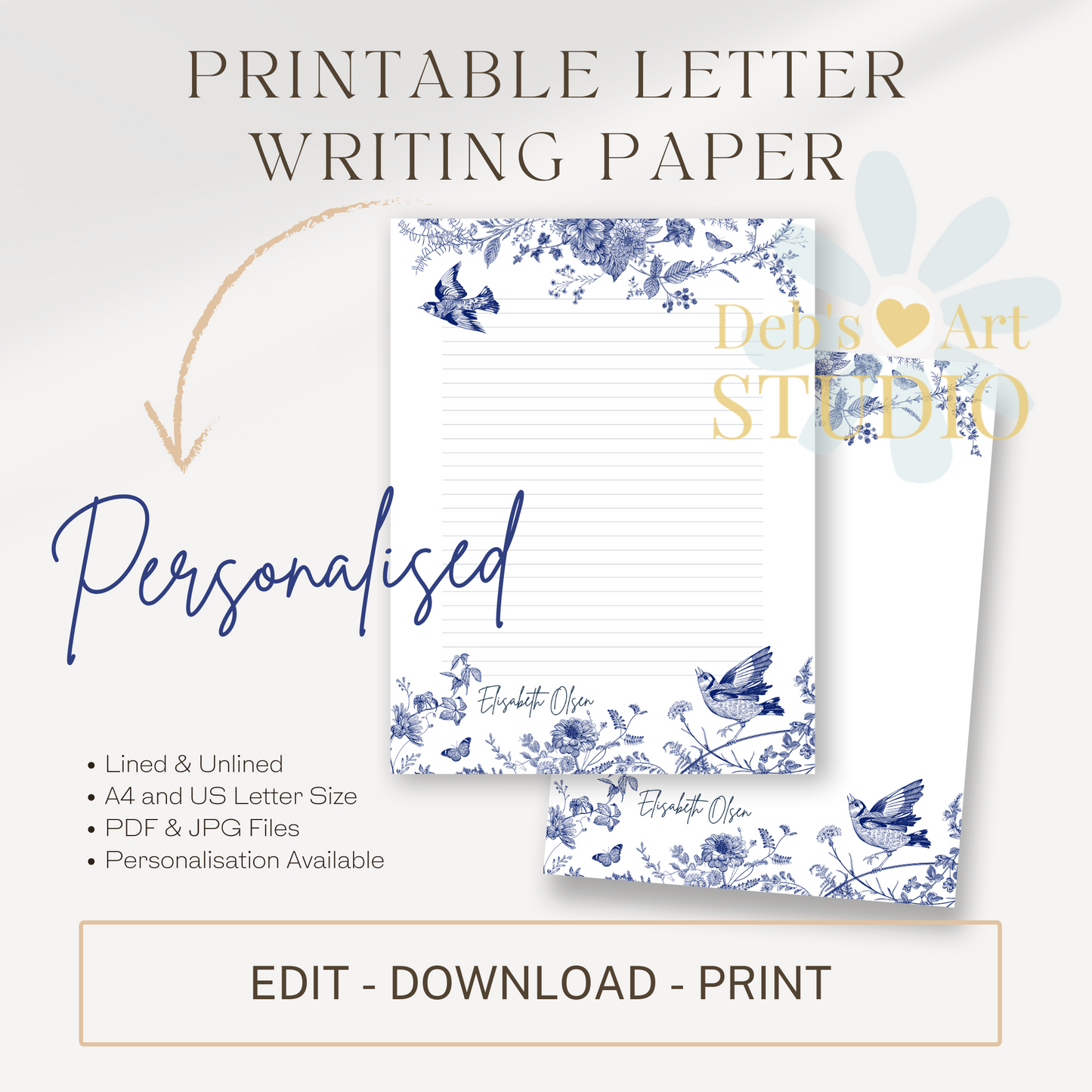 Personalised Stationery Editable | Blue Hamptons Writing Paper