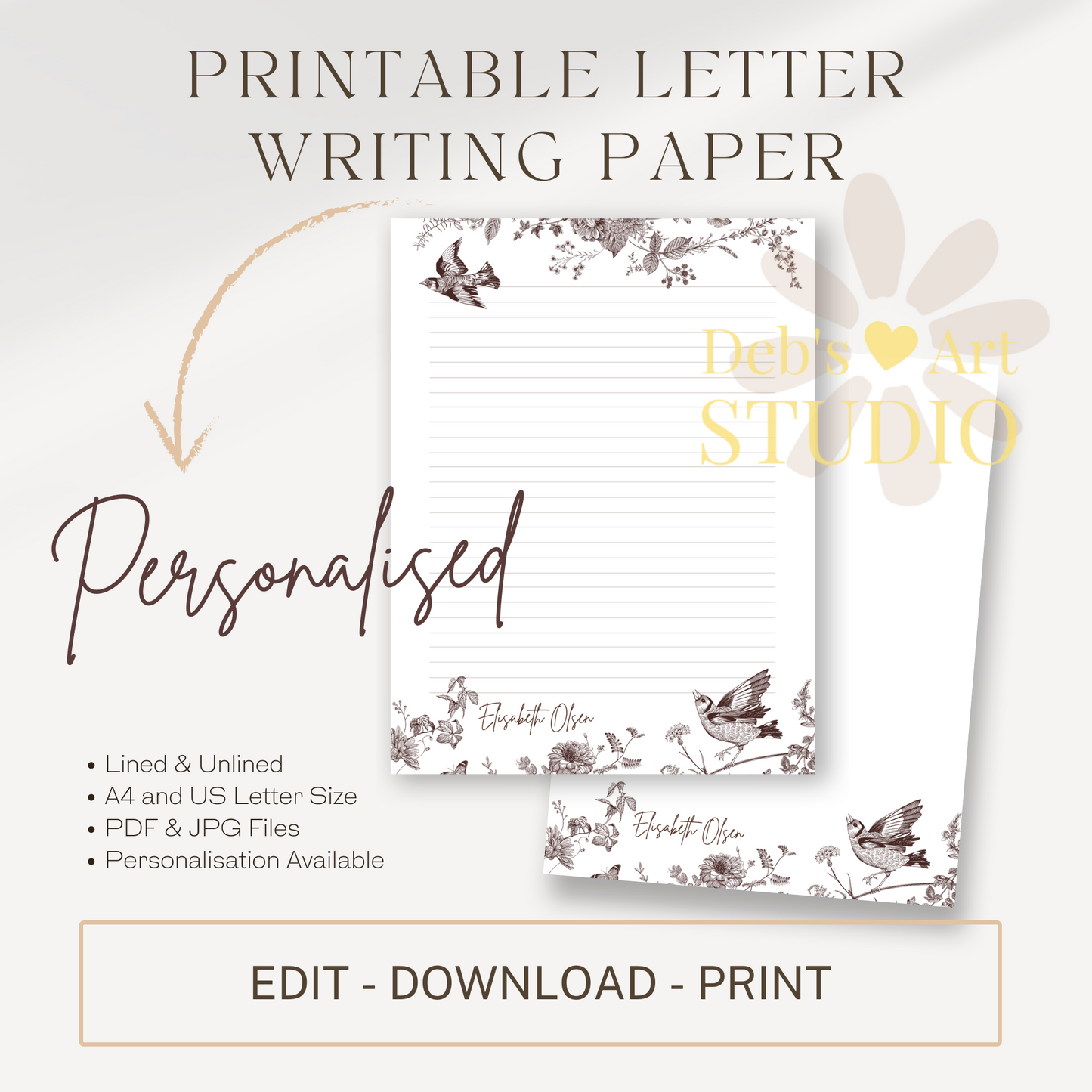 Personalised Stationery Editable Template | Vintage Bird Writing Paper