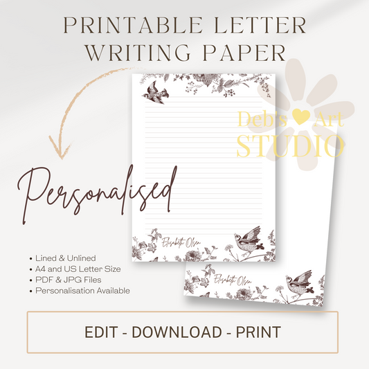 Personalised Stationery Editable Template | Vintage Bird Writing Paper