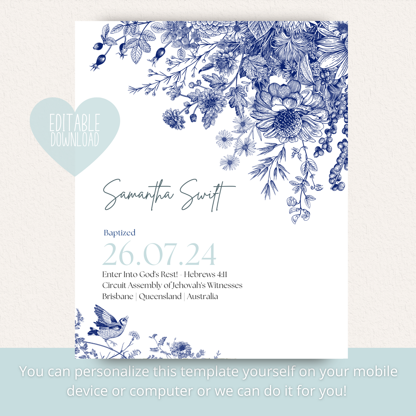 JW Baptism Gift | Baptism Keepsake, Blue & White Floral | Customisable