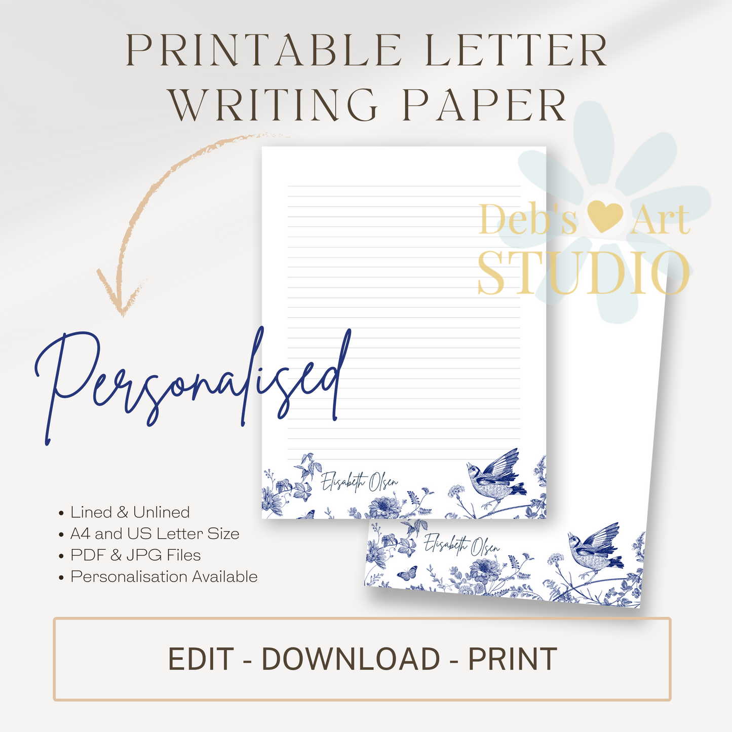 Personalised Stationery Editable | Blue Hamptons Writing Paper