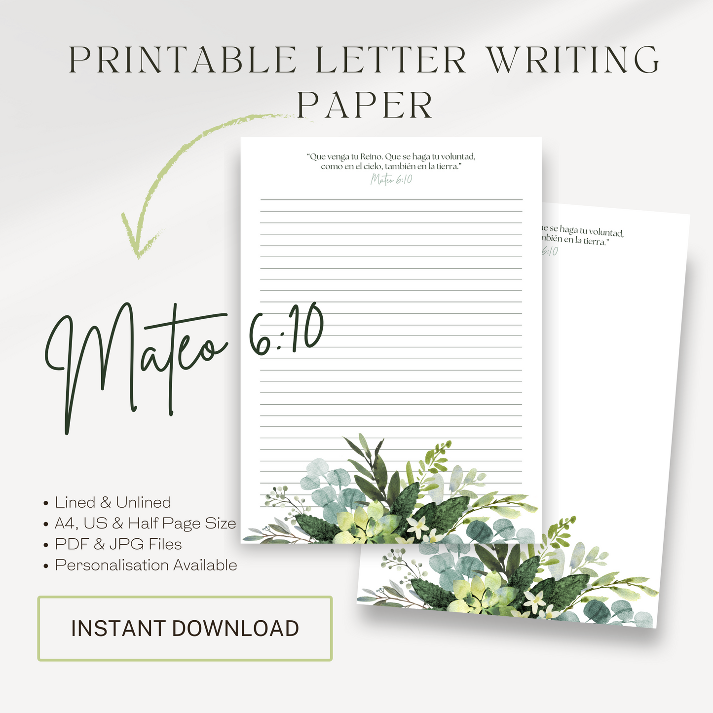 Matthew 6:10 | Spanish, JW Letter Writing Paper | Green Leaves