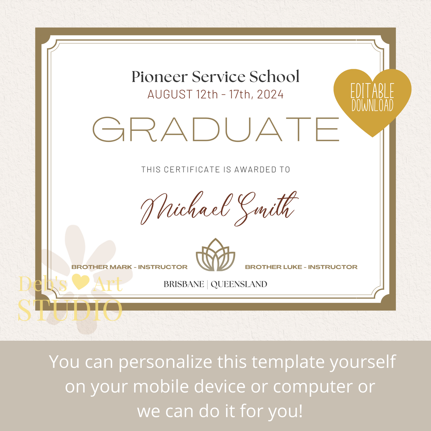 Custom Pioneer School Certificate | Gold Border | JW Pioneer Gifts