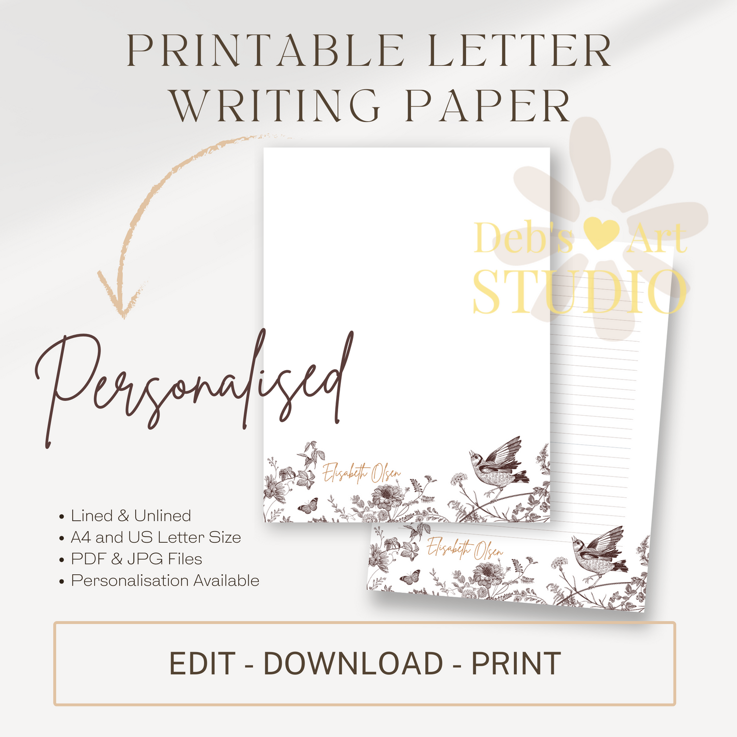 Personalised Stationery Editable Template | Vintage Bird Writing Paper