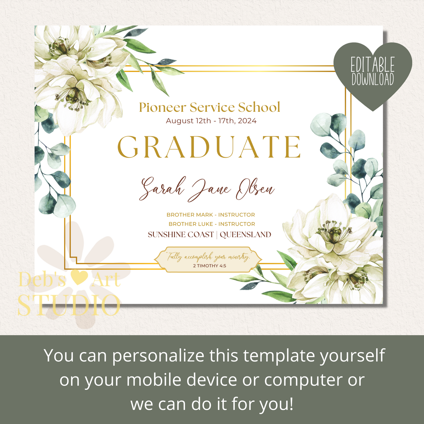 Custom Pioneer School Certificate | White Bouquet | JW Pioneer Gifts