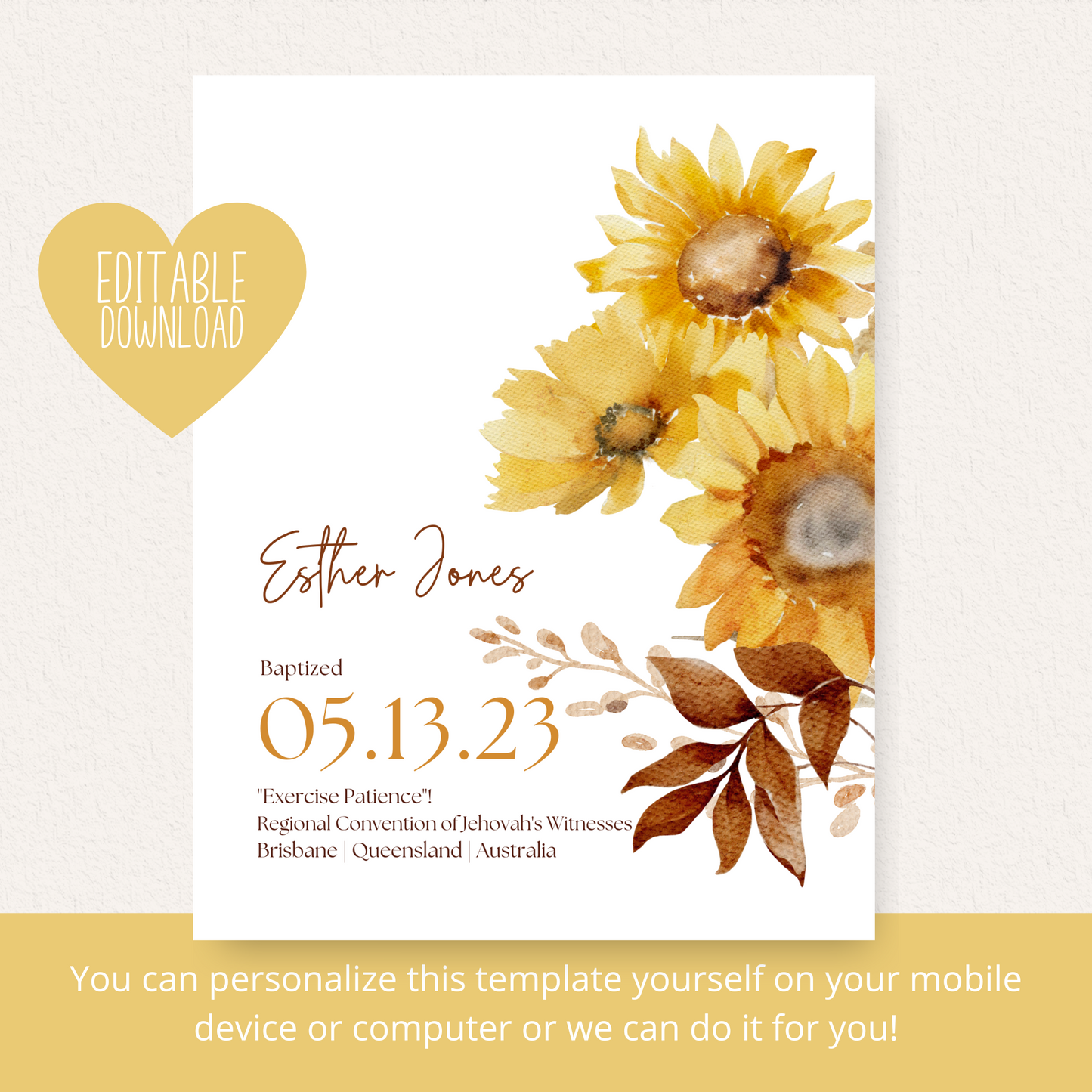 JW Baptism Gift | Baptism Keepsake | Sunflower Print | Customizable