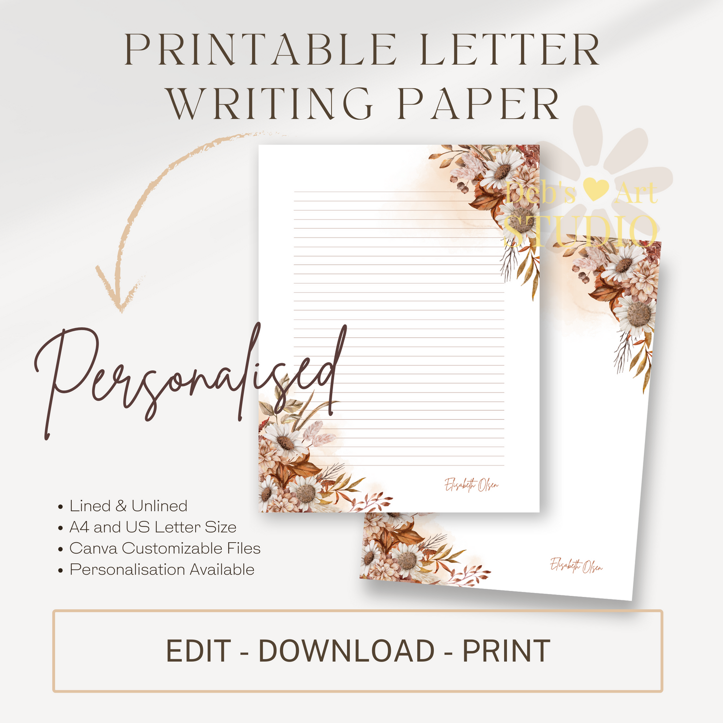 Personalised Stationery Editable Template, Autumn Flower Writing Paper