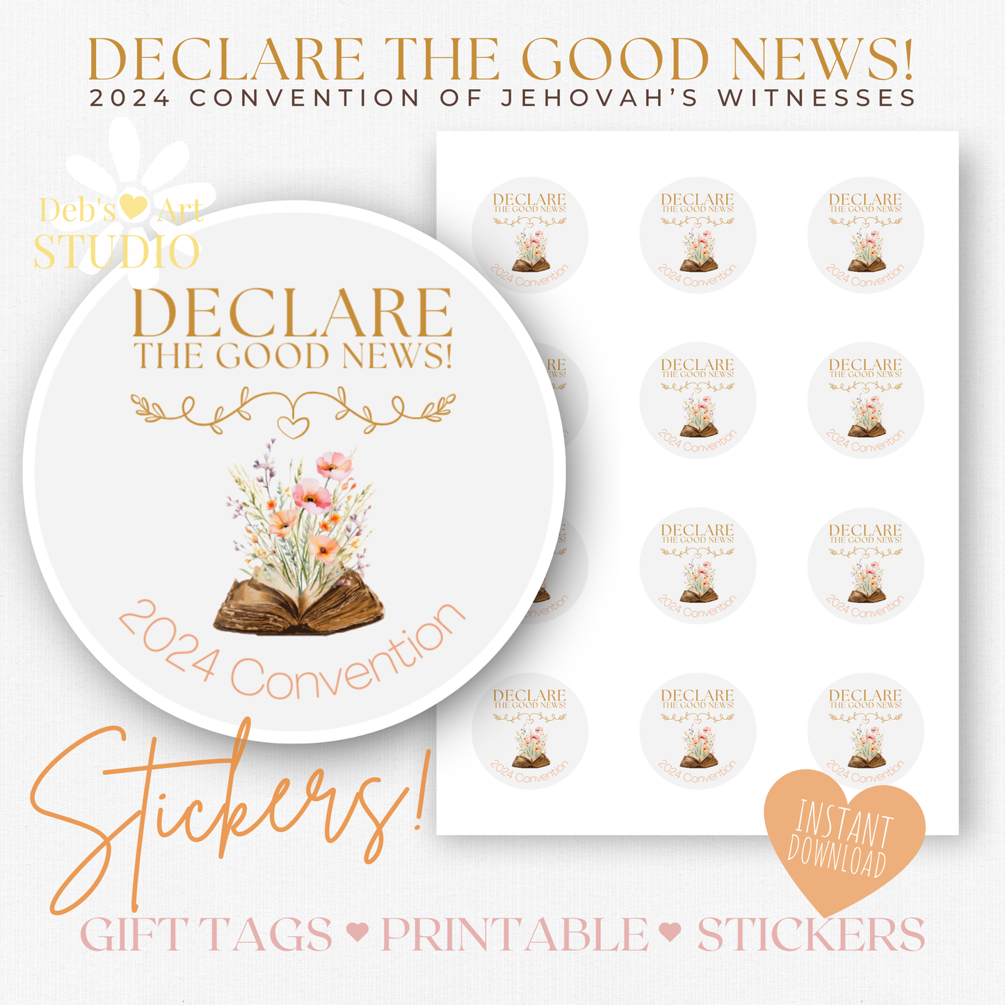 2024 Good News Convention | JW Gift Tag, Stickers | Peach Wildflowers