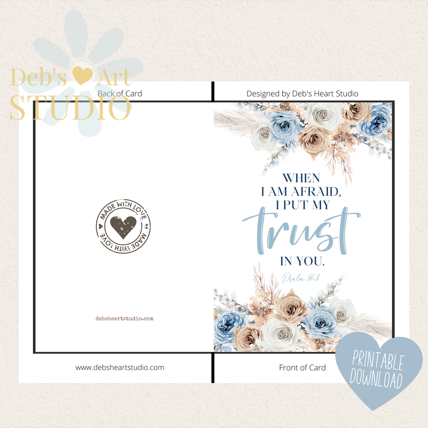 JW Greeting Card | Psalm 56:3 | 2024 Year Text | Blue Boho Flowers