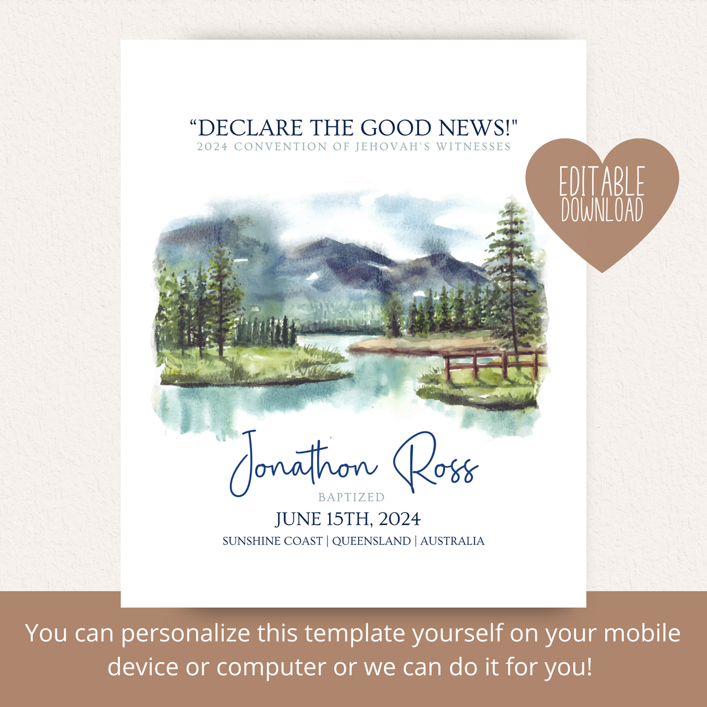 JW Baptism Gift | Baptism Keepsake | Mountain and Lake | Customisable