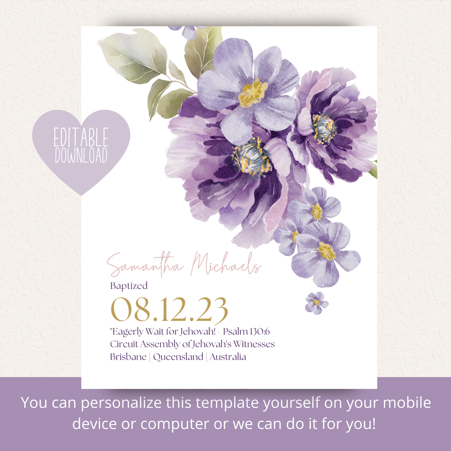 JW Baptism Gift | Baptism Keepsake | Lilac Blooms | Customizable Print