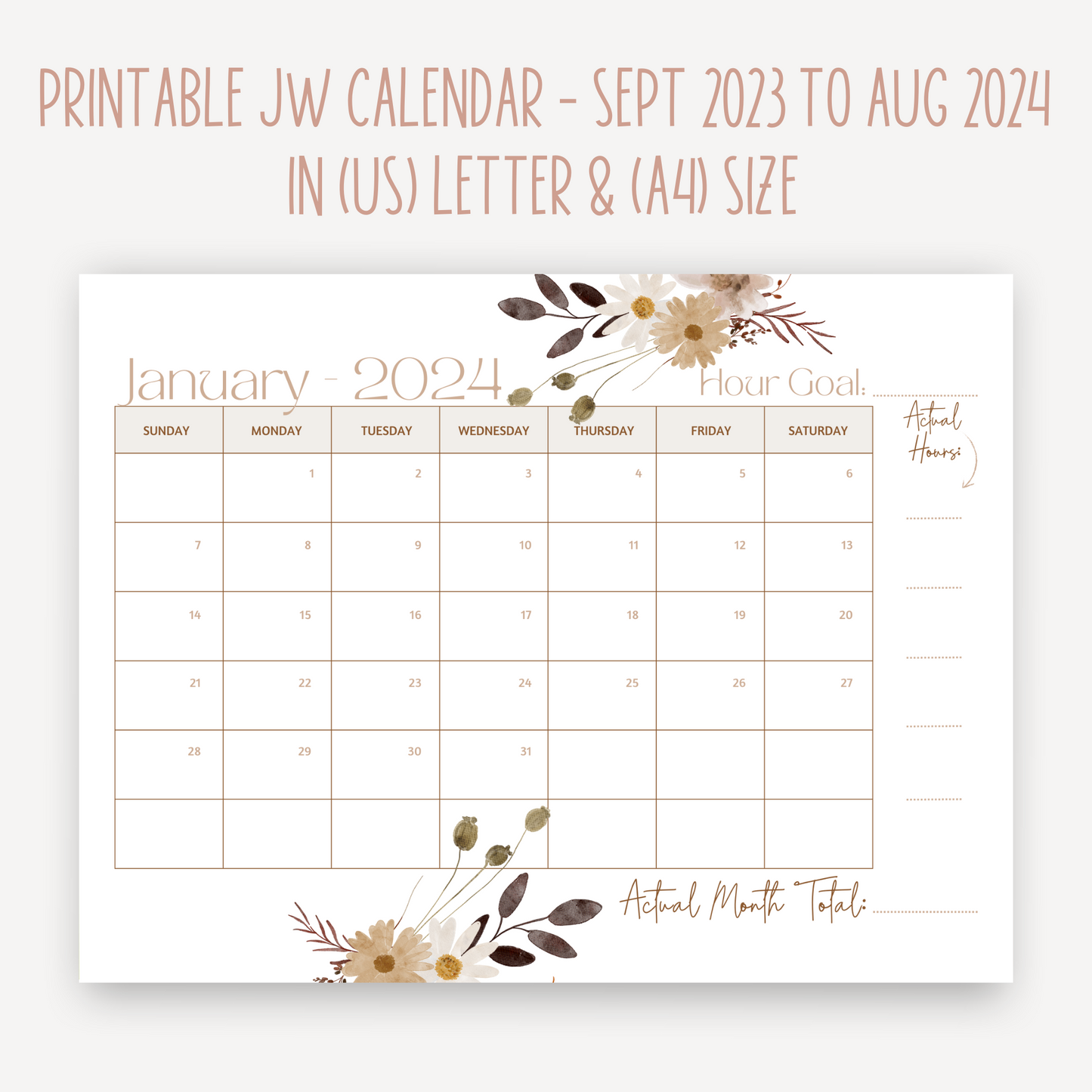 JW Calendar 2024 Service Year  | Printable Planner | JW Printable | Fall Flowers