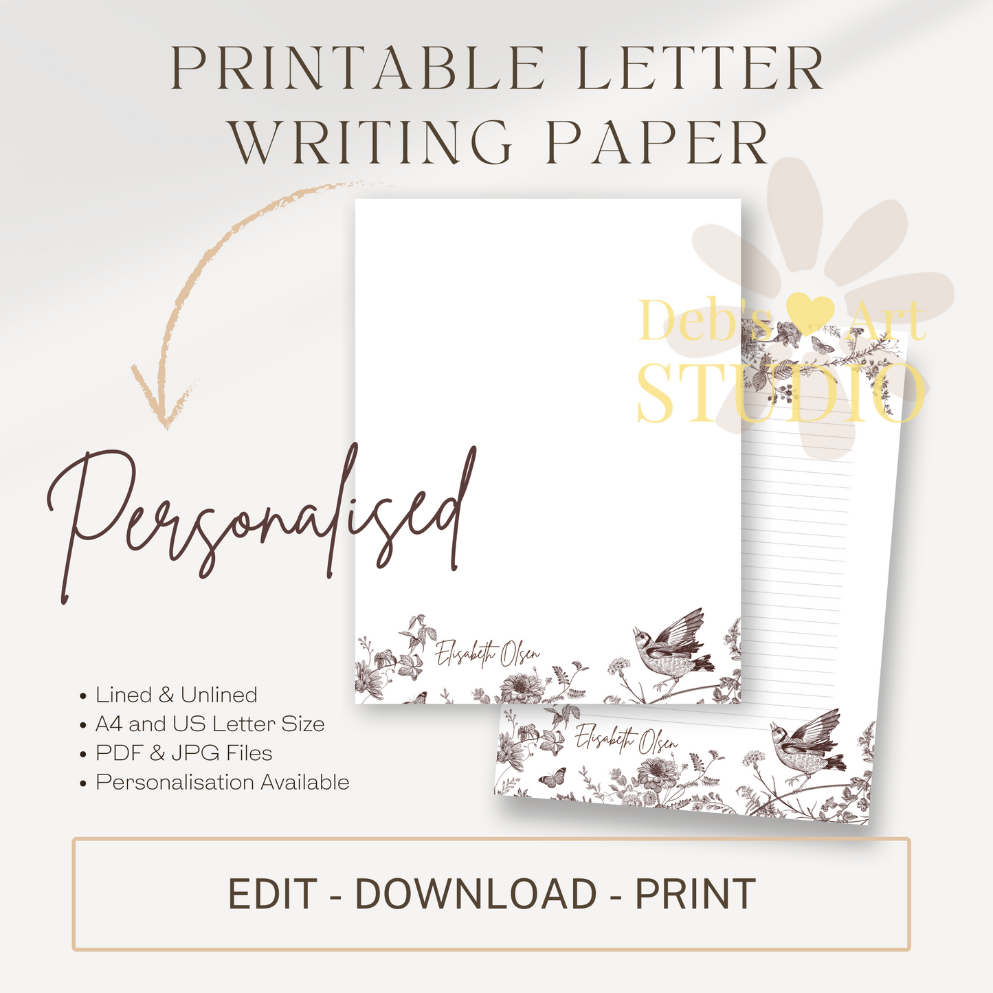 Personalised Stationery Editable Template | Vintage Bird Writing Paper